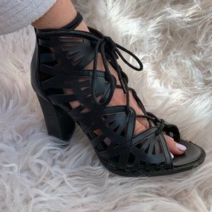 lace up black block heel sandal laser cut pretty